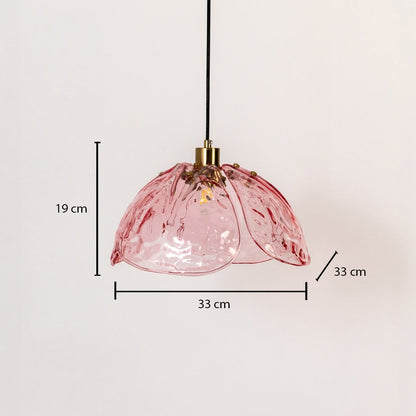 Pink textured glass and brass pendant light dimension image with 33 cm width and 19 cm height for luxury dining placement.