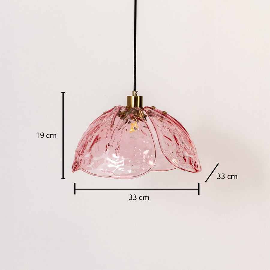 Pink textured glass and brass pendant light dimension image with 33 cm width and 19 cm height for luxury dining placement.