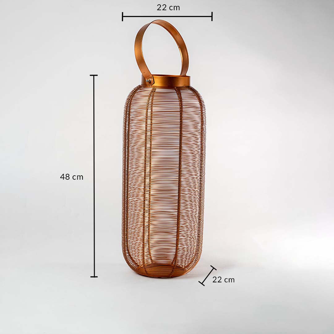 Copper wire lantern with clear height 48 cm and diameter 22 cm measurements for accurate product sizing information perfect for space planning.