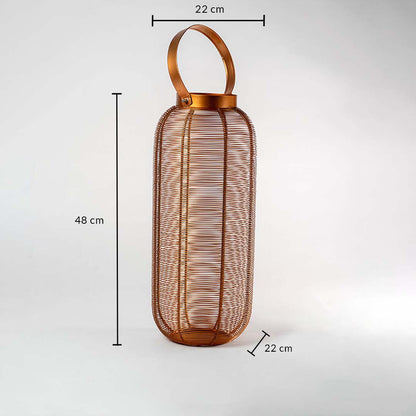 Copper wire lantern with clear height 48 cm and diameter 22 cm measurements for accurate product sizing information perfect for space planning.