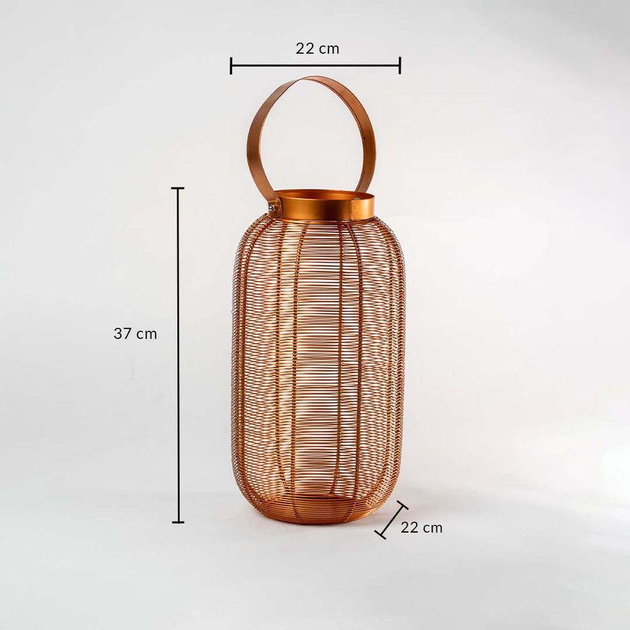 Copper wire mesh decorative lantern with circular handle showing dimensions of 37 cm height and 22 cm width on white background.