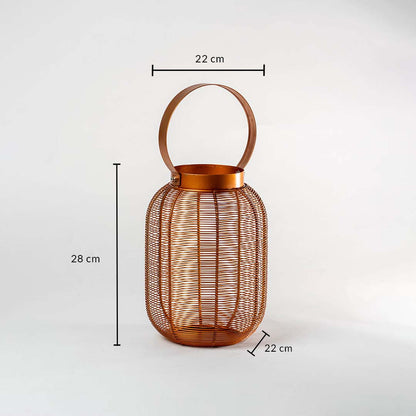 Copper wire mesh decorative lantern with circular handle showing dimensions of 28 cm height and 22 cm width on white background.