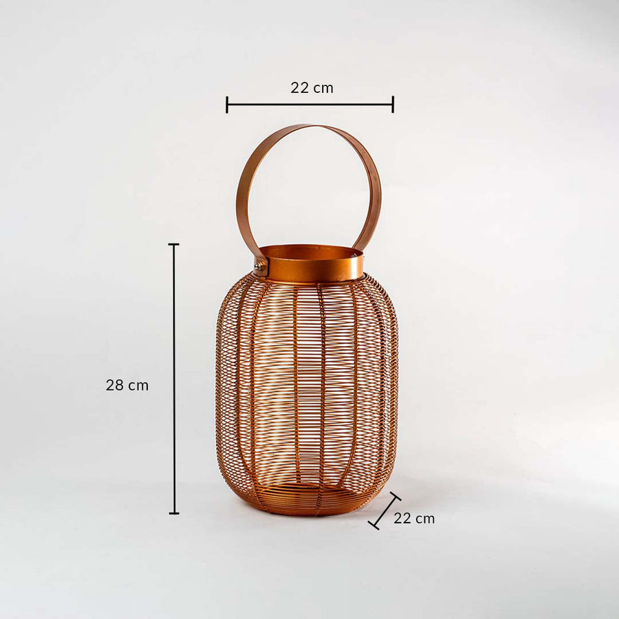 Copper wire mesh decorative lantern with circular handle showing dimensions of 28 cm height and 22 cm width on white background.