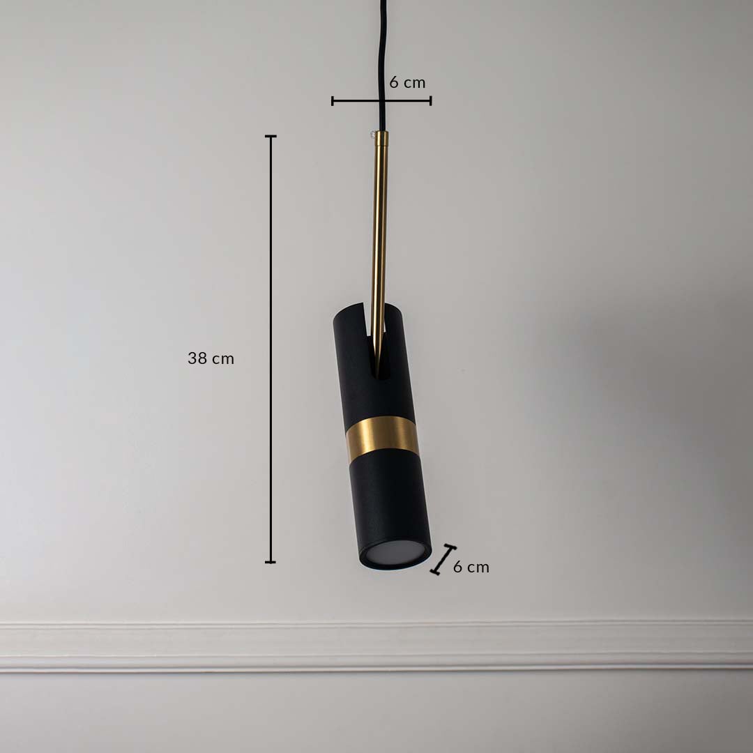 Black and gold cylindrical pendant light measured 38x6 cm sleek ceiling lamp with modern design for home and office interiors.