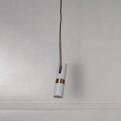 White and gold cylindrical pendant light with modern sleek design elegant ceiling lamp for dining and living room decoration.