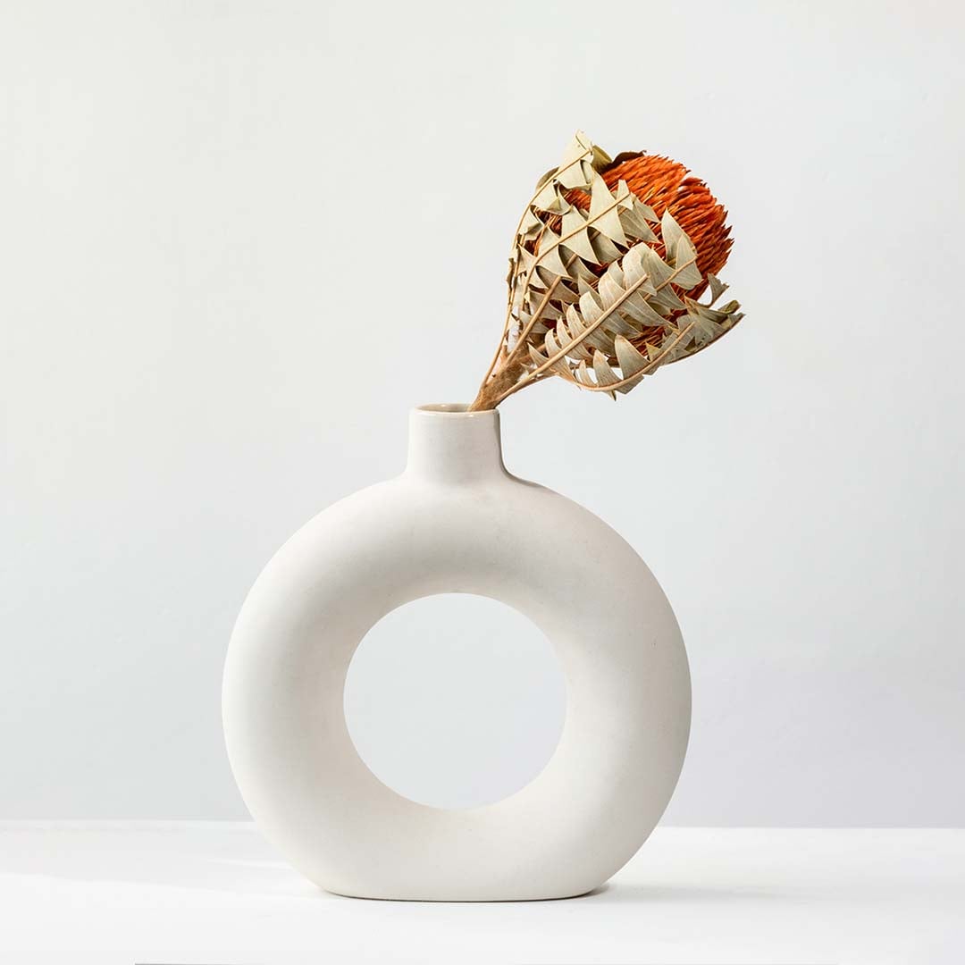 Dried orange protea stem styled naturally for warm earthy home decor accents shown against a clean light background.