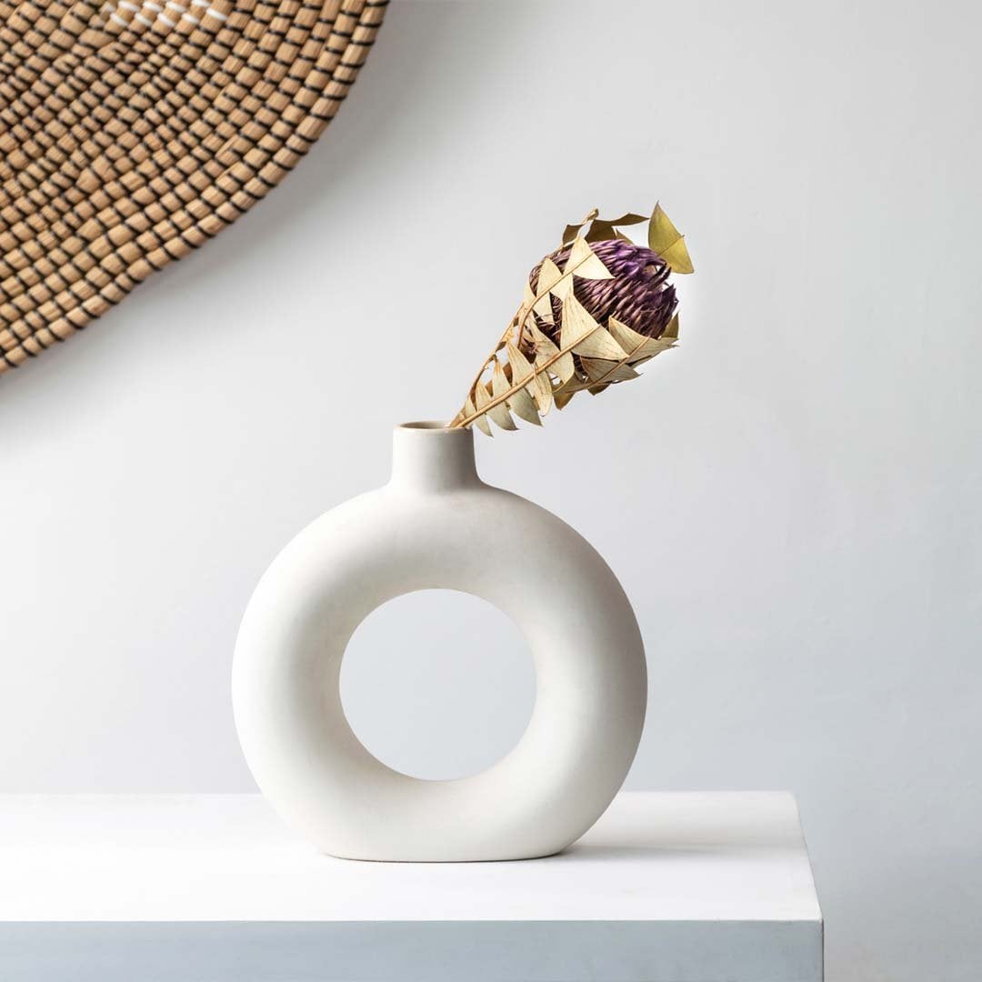 Dried protea stem held in hand on a clean light background showing its natural earthy texture in a simple lifestyle view.