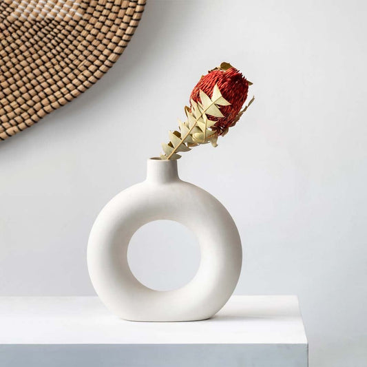 Dried protea stem shown in a natural earthy tone for home decor styling on a clean light setting.