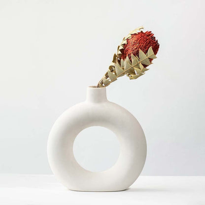 Single dried protea stem displayed on a white background highlighting its natural texture and warm red bloom.