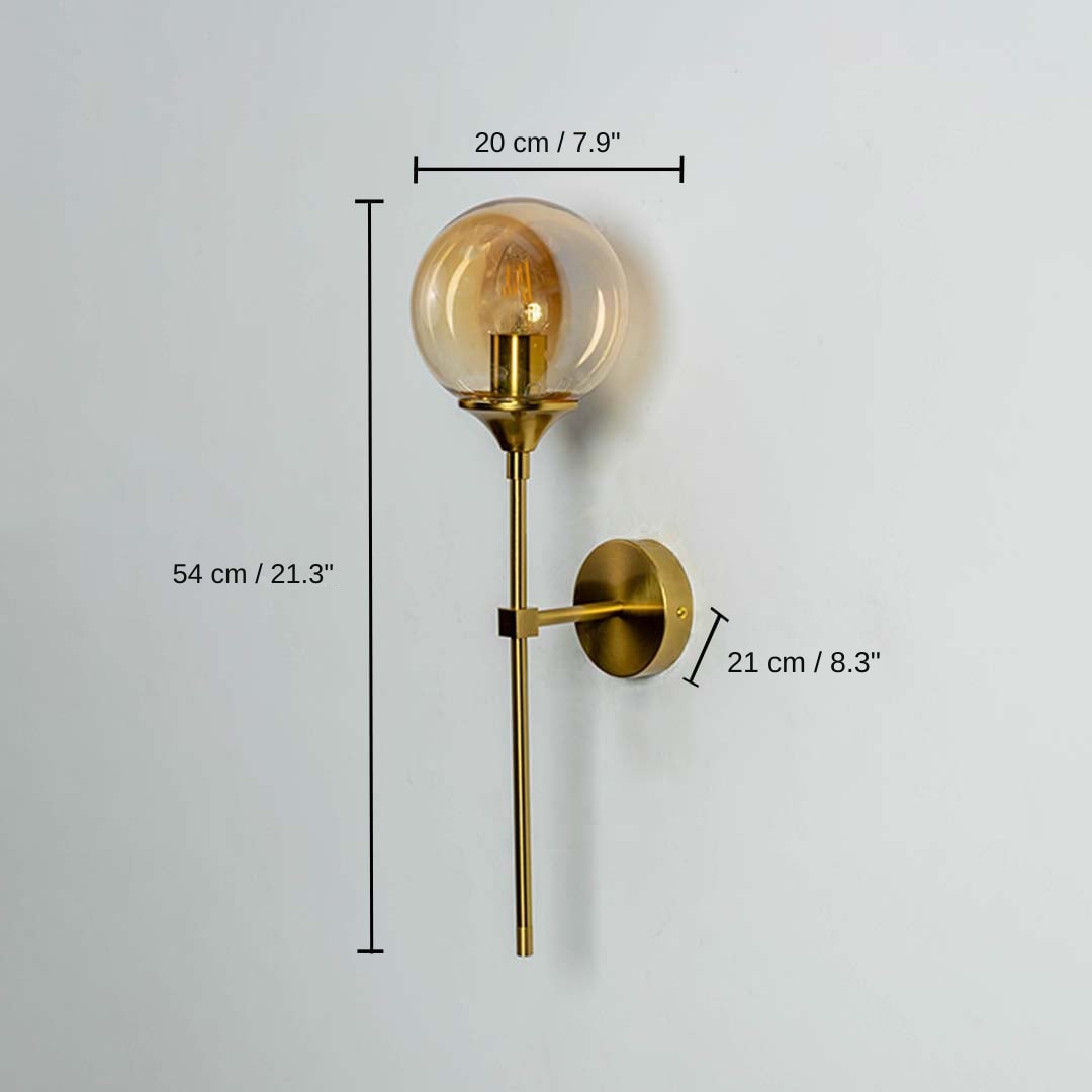 Gold wall light with measurements, 54 x 20 x 21 cm (21.3 x 7.9 x 8.3 inches) dimensions