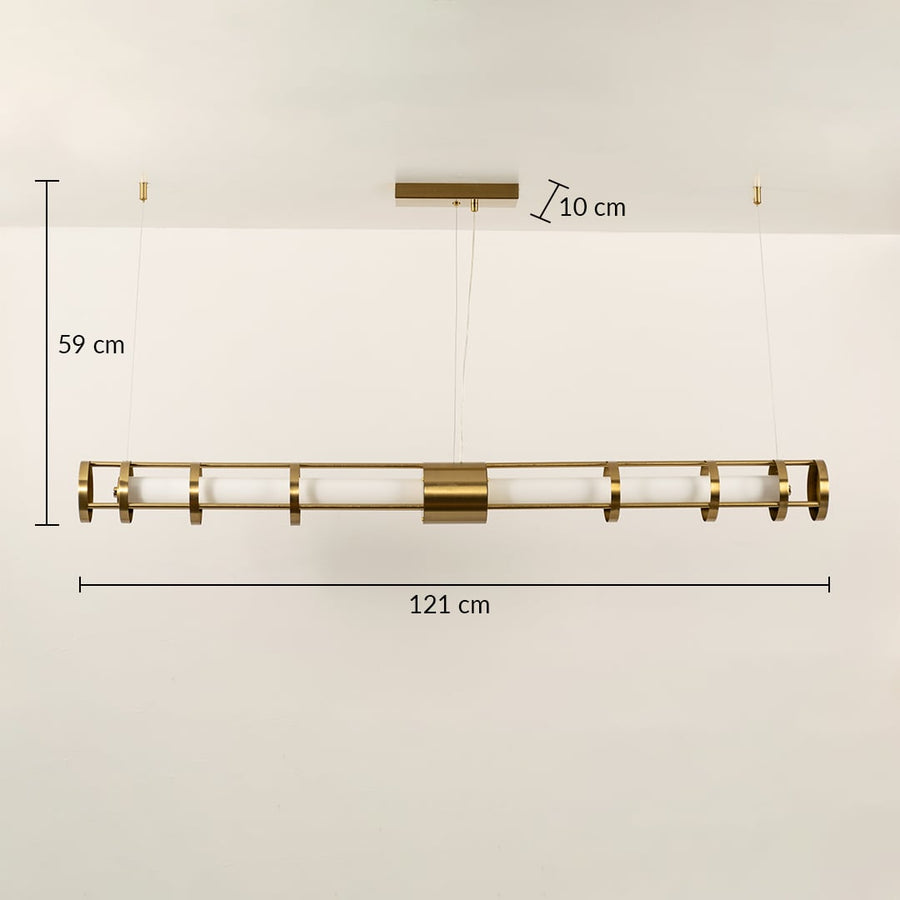 A linear gold ceiling fixture with visible size of 120 cm length ideal for modern LED chandelier lighting and luxury designer interior décor.
