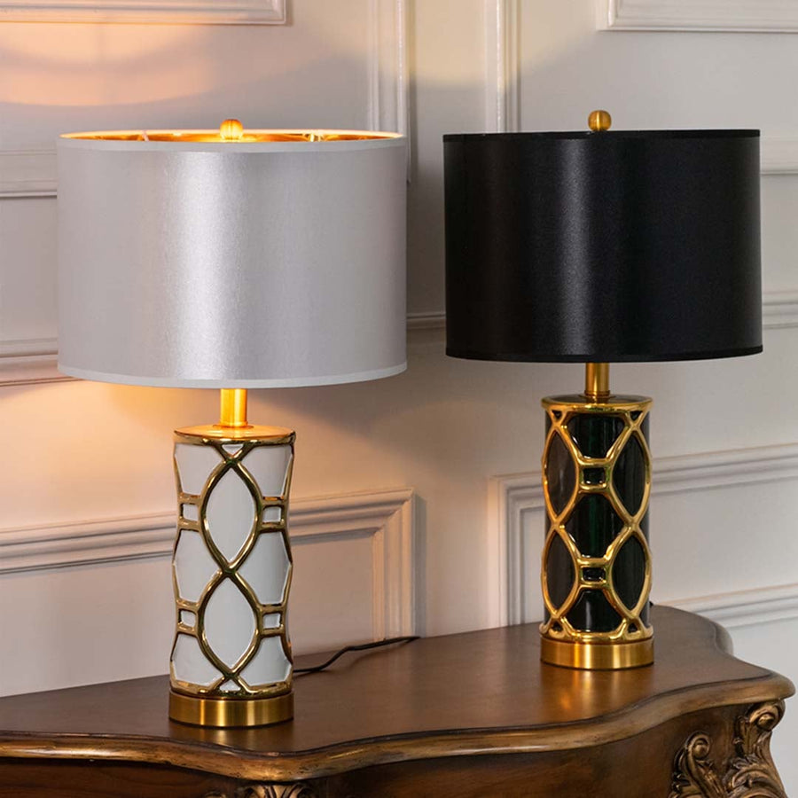 Collection of white and gold ceramic table lamps with fabric shades for coordinated luxury home interior decor.