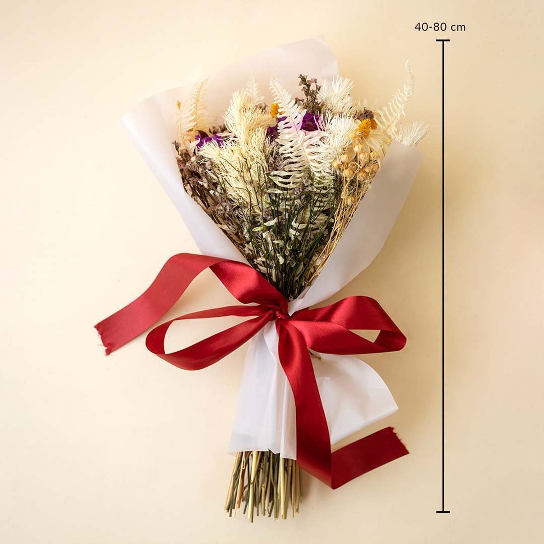 Dried flower bouquet with infinity rose sunflower fern leaves and crystal grass tied with red ribbon height 40 to 80 cm.