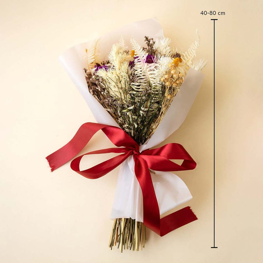 Dried flower bouquet with infinity rose sunflower fern leaves and crystal grass tied with red ribbon height 40 to 80 cm.