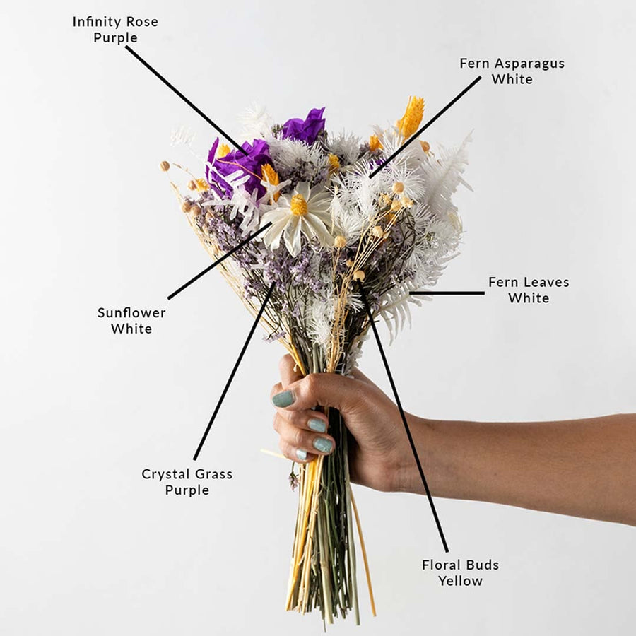 Detailed bouquet arrangement with infinity rose purple sunflower white fern asparagus and yellow floral buds shown clearly.
