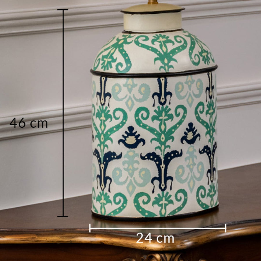 Table lamp dimension image displaying a mint green ceramic base with patterned artwork measuring 45.5 cm height and 24 cm width.