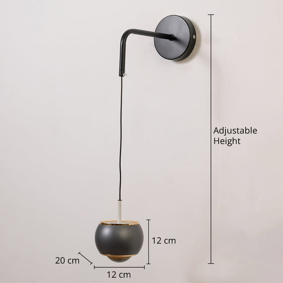 Table lamp style wall light shown with height width and depth markers highlighting adjustable drop length ideal for modern interior decor planning.