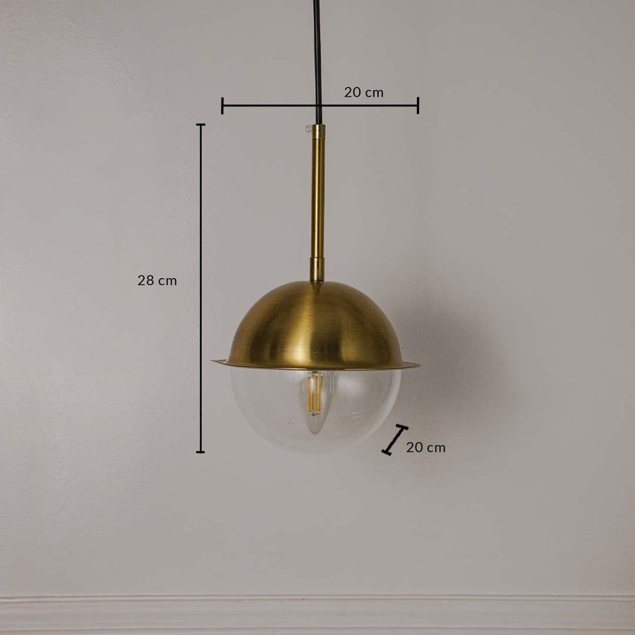 Dimension image of brushed brass metal pendant light with dome shade showing 28 cm height and 20 cm width.