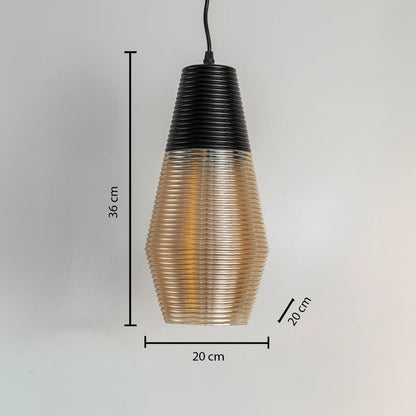 Black and amber ribbed glass pendant light 36 cm tall and 20 cm wide shown for size reference ideal for decor.