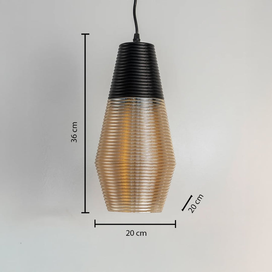 Black and amber ribbed glass pendant light 36 cm tall and 20 cm wide shown for size reference ideal for decor.