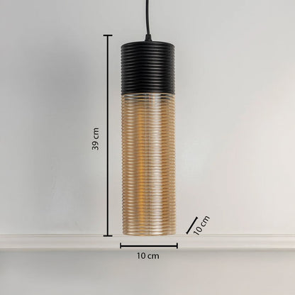 Cylindrical pendant light measuring 39 cm in height and 10 cm in width featuring a ribbed black and gold design on white.