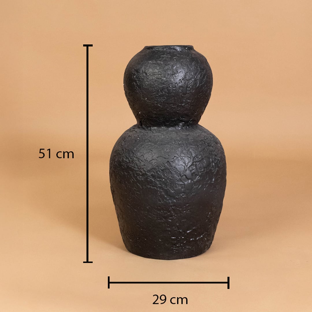 Black textured decorative vase shown with 51 cm height and 29 cm width for accurate placement in modern home interior decor settings.