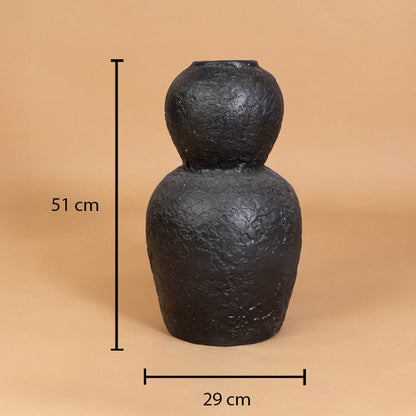 Black textured decorative vase shown with 51 cm height and 29 cm width for accurate placement in modern home interior decor settings.