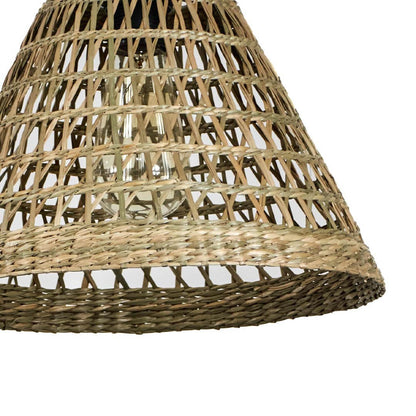 Closeup of rattan pendant light with conical woven shade showing handcrafted detailing for rustic home lighting.
