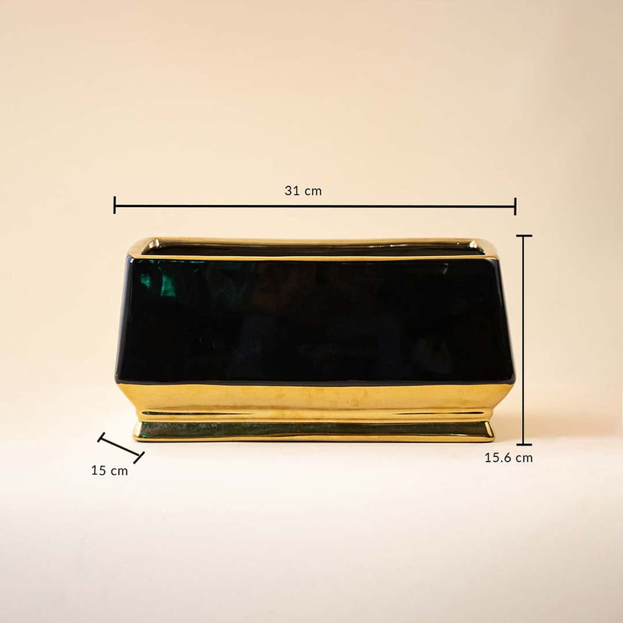 A black ceramic rectangular planter on a white background showing clear dimensions of 31 cm length 15.6 cm height and 15 cm width with a gold base for accurate size reference.
