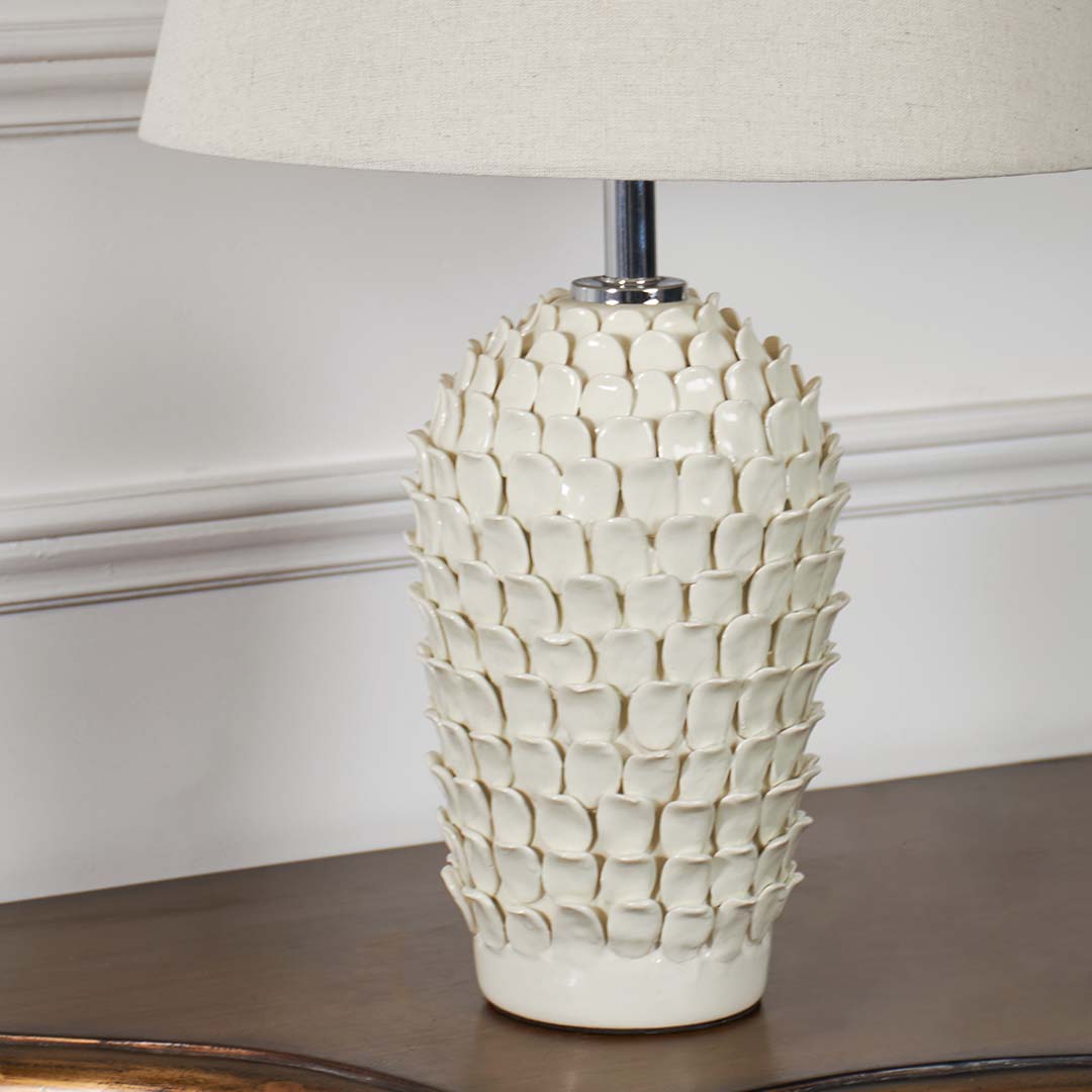 Sable Shine White Ceramic Flakes Table Lamp with Ivory Shade