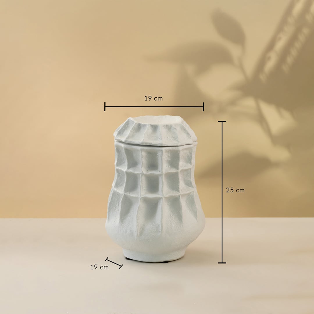 White ceramic decorative vase with geometric sculptural texture showing product dimensions for modern home decor.