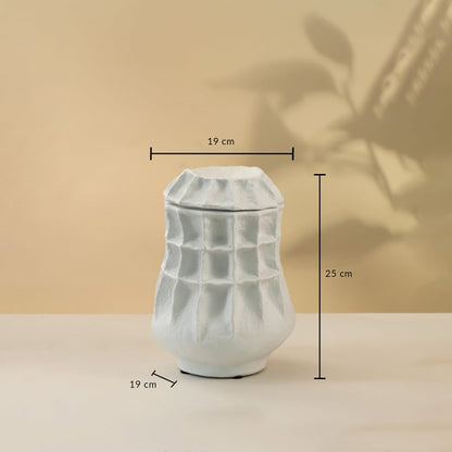 White ceramic decorative vase with geometric sculptural texture showing product dimensions for modern home decor.