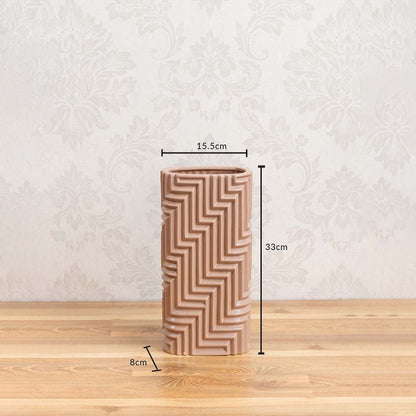 A beige geometric vase shown with measurements 33 cm height 15.5 cm width and 8 cm base offering clear size details for easy reference.