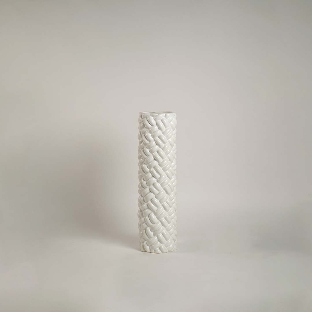 Modern white ceramic tall floor vase with 52x14 cm dimension sleek braided design shown clearly for perfect home styling.