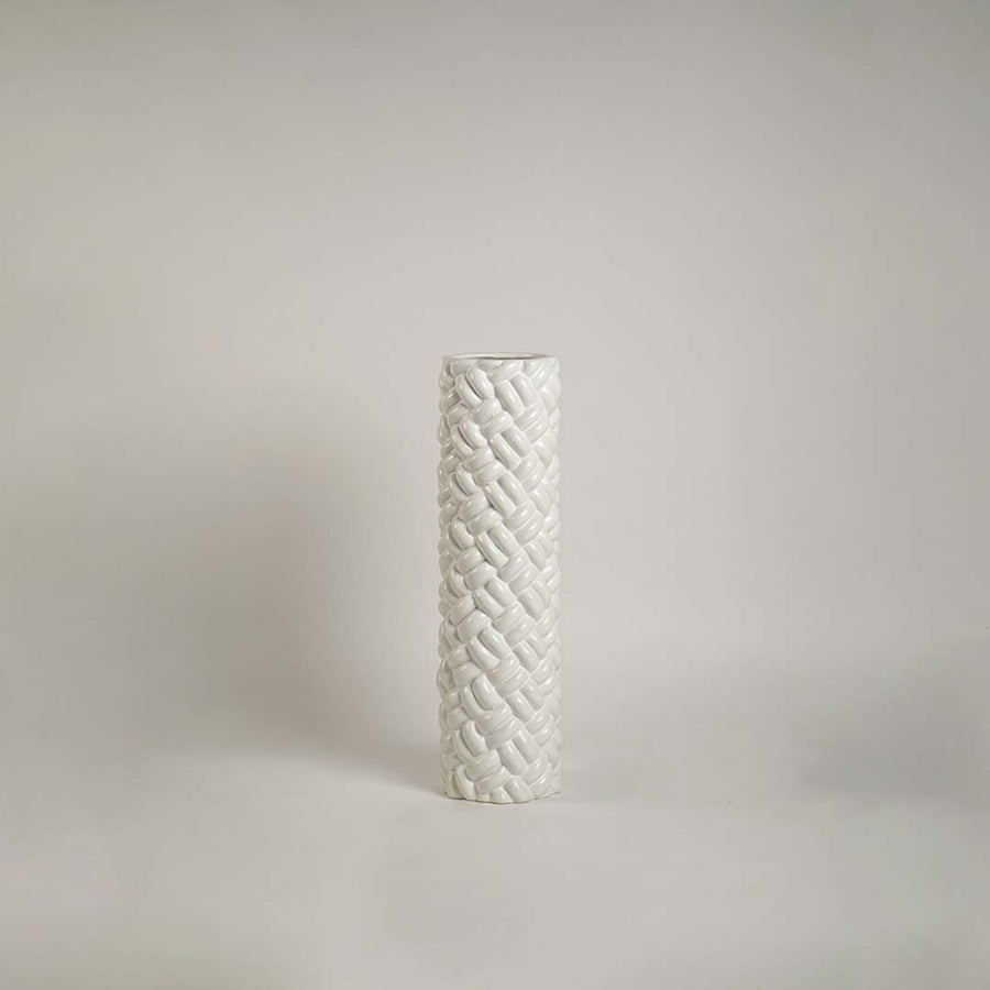 Modern white ceramic tall floor vase with 52x14 cm dimension sleek braided design shown clearly for perfect home styling.