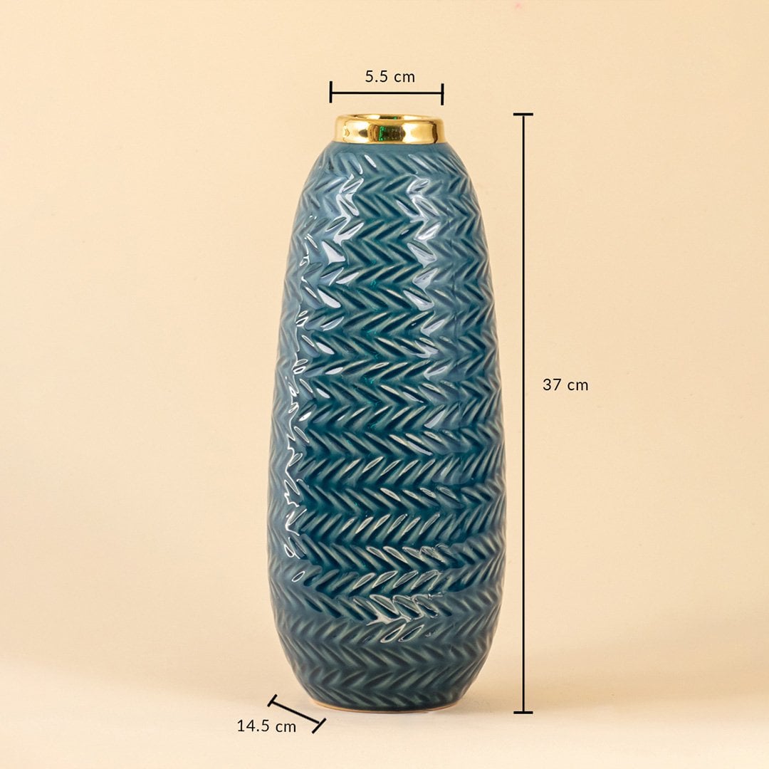 Blue ceramic vase with gold rim featuring 37 cm height 14.5 cm base width and 5.5 cm top diameter displayed on beige background.
