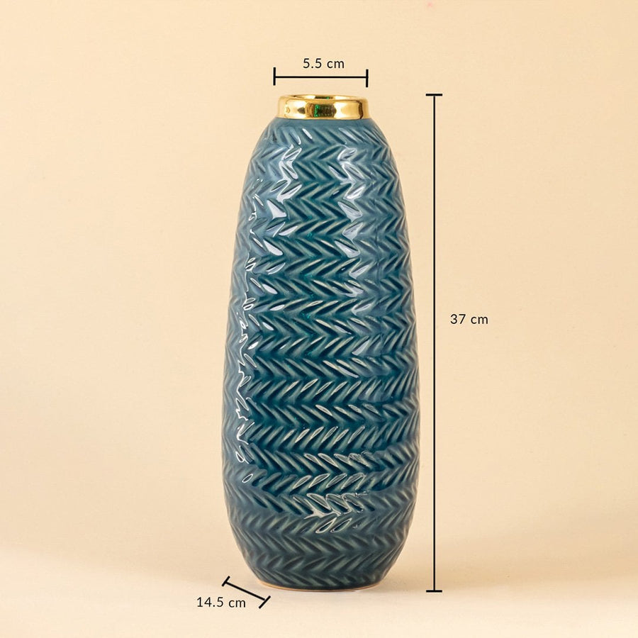 Blue ceramic vase with gold rim featuring 37 cm height 14.5 cm base width and 5.5 cm top diameter displayed on beige background.
