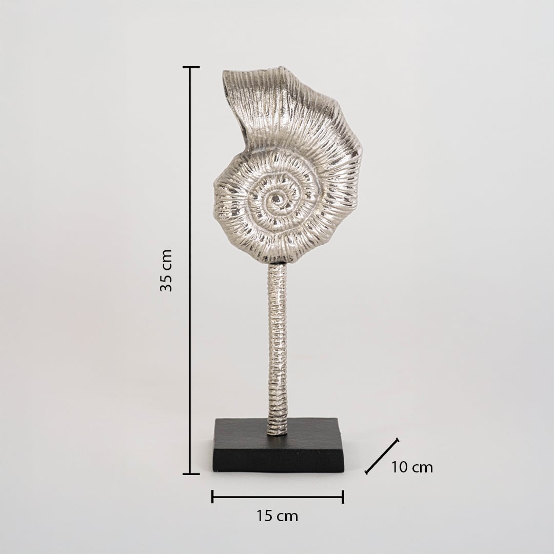 Silver spiral decorative sculpture on black stand shown on white background with dimensions 35 cm height 15 cm width and 10 cm depth