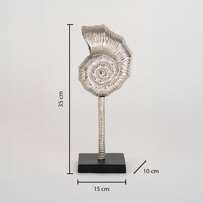 Silver spiral decorative sculpture on black stand shown on white background with dimensions 35 cm height 15 cm width and 10 cm depth