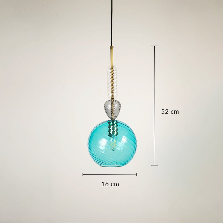 Designer blue glass pendant light showing 52 cm height and 16 cm width ideal for living room dining area and stylish home interiors.