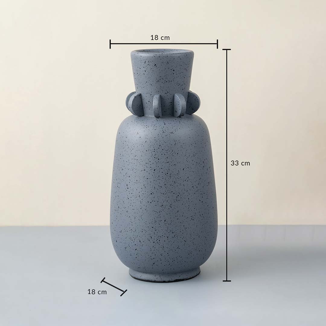 Grey ceramic vase with speckled design 33 cm height and 18 cm width ideal for table decor and home styling.