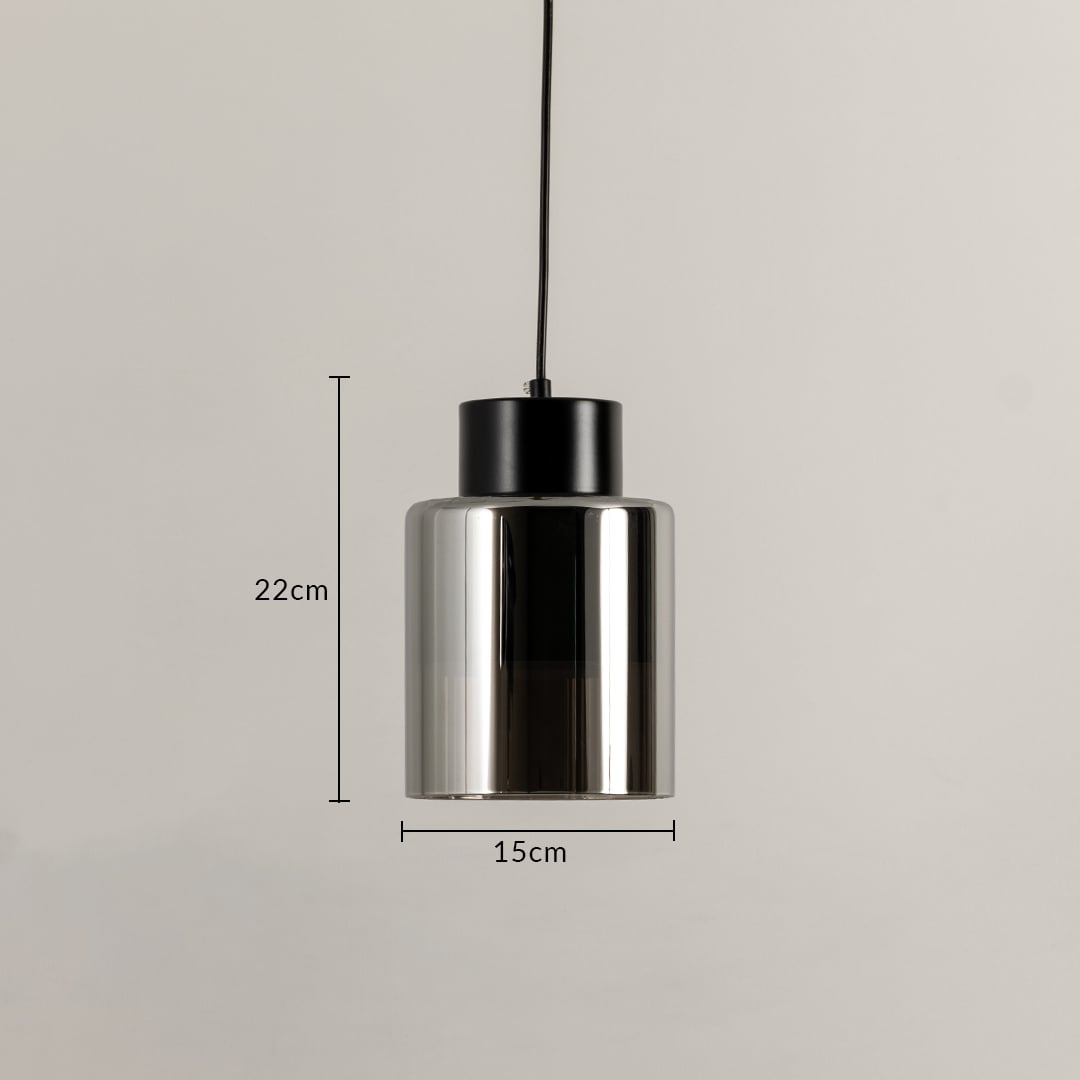 Black metal and chrome finish pendant light dimension image with 15 cm width and 22 cm height for modern bedside placement.