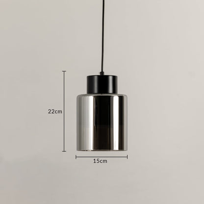 Black metal and chrome finish pendant light dimension image with 15 cm width and 22 cm height for modern bedside placement.