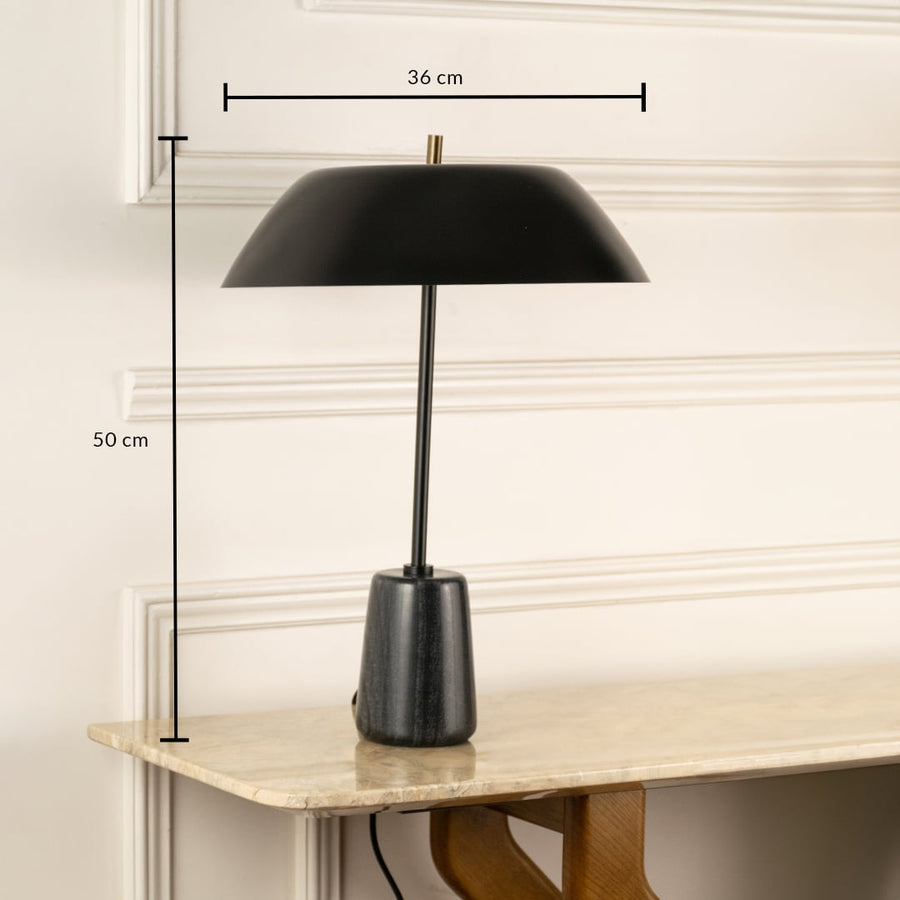 Black metal table lamp with black marble base measuring 50 cm height and 35 cm width for contemporary decor lighting.