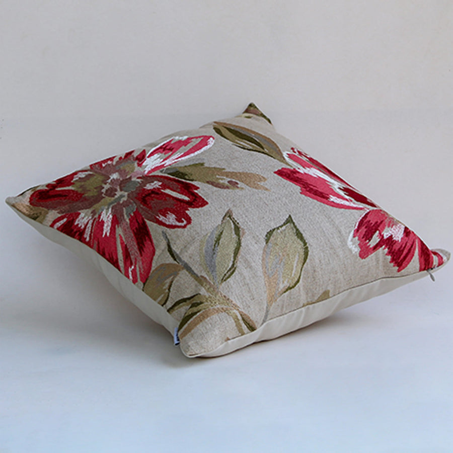 Side view of floral cushion cover showing plush thickness neat stitching and soft filled structure designed for comfortable back support.