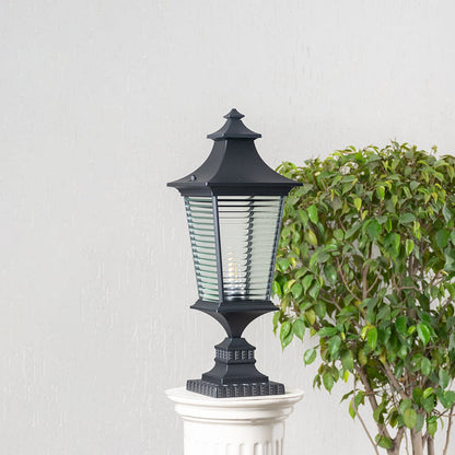Black pillar light with ribbed glass shown switched off highlighting its elegant structure for outdoor spaces.