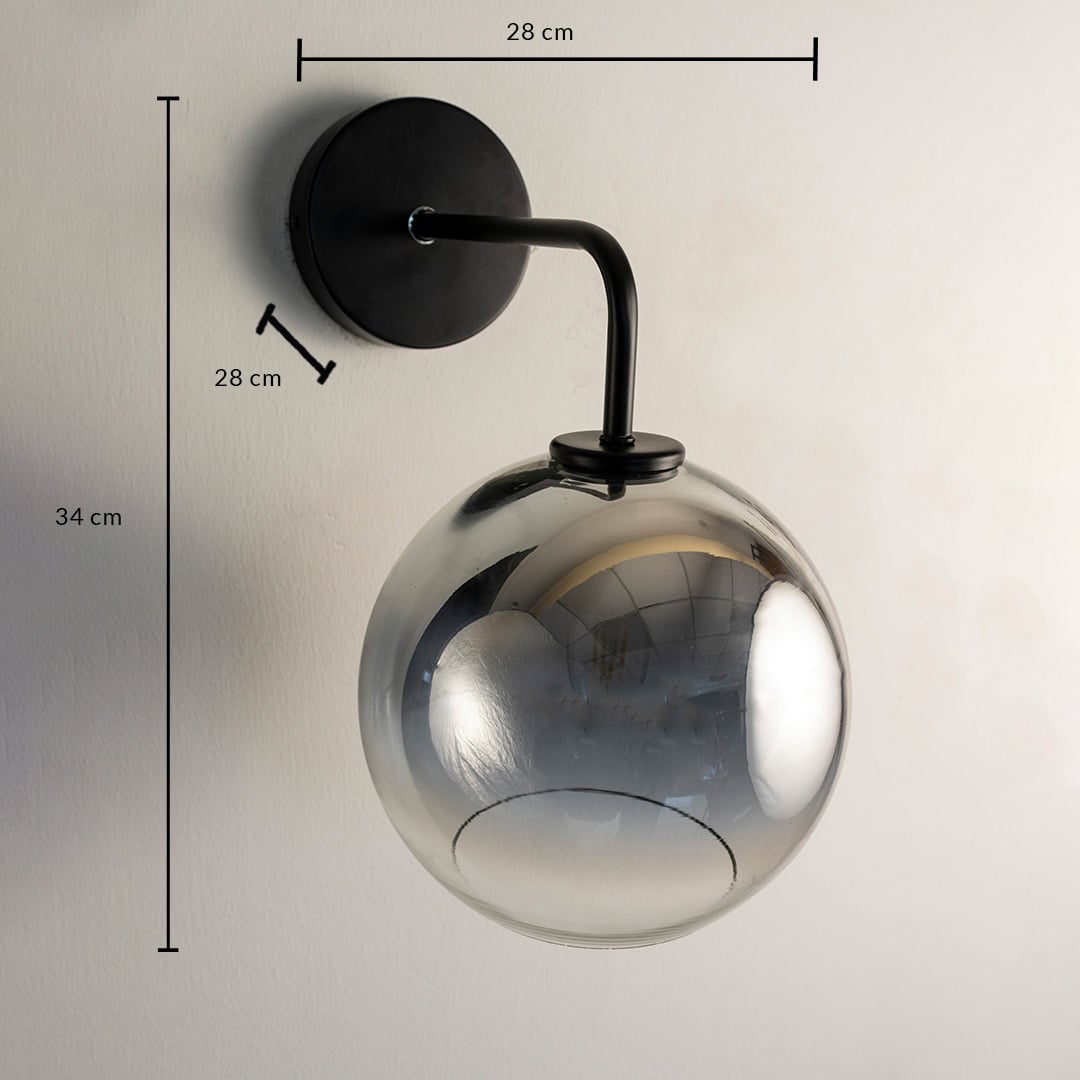 Smoky glass wall light 34 cm tall and 28 cm wide shown for size detail suitable for bedroom or living room lighting.