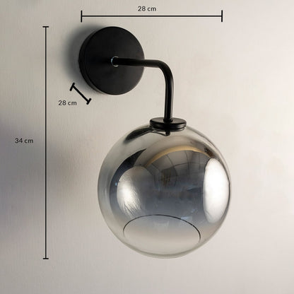 Smoky glass wall light 34 cm tall and 28 cm wide shown for size detail suitable for bedroom or living room lighting.