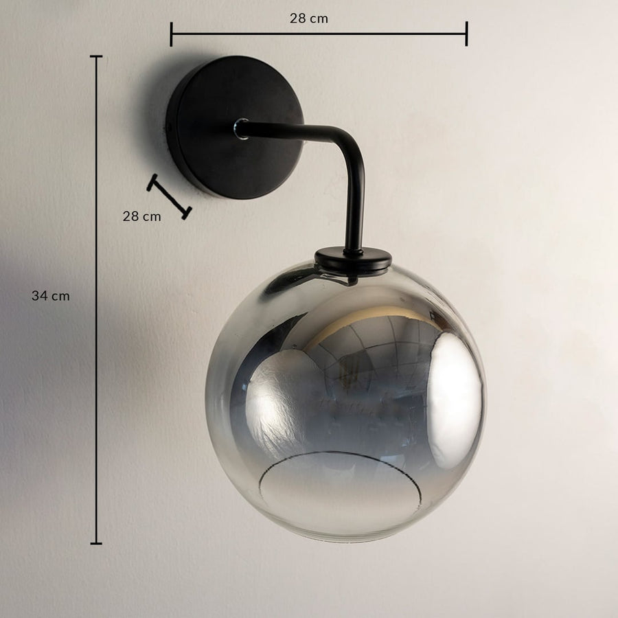 Smoky glass wall light 34 cm tall and 28 cm wide shown for size detail suitable for bedroom or living room lighting.