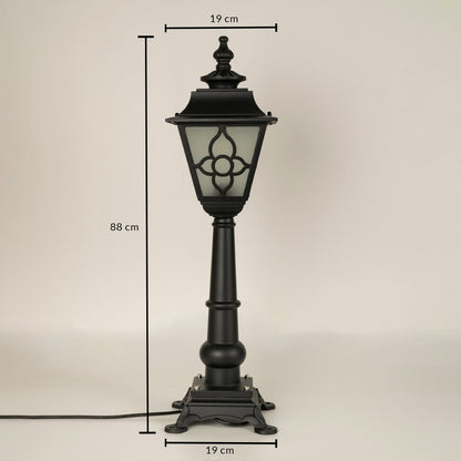 A tall outdoor pillar lamp shown on a white background with all measurements clearly marked displaying a height of 88 cm a lantern width of 19 cm and a base width of 19 cm for accurate sizing.